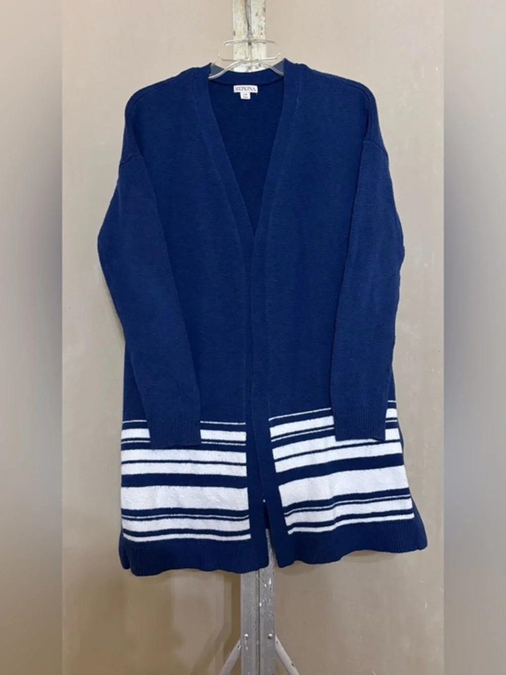 Merona Royal Blue Open-Front Cardigan with White Striped Hem Sz L